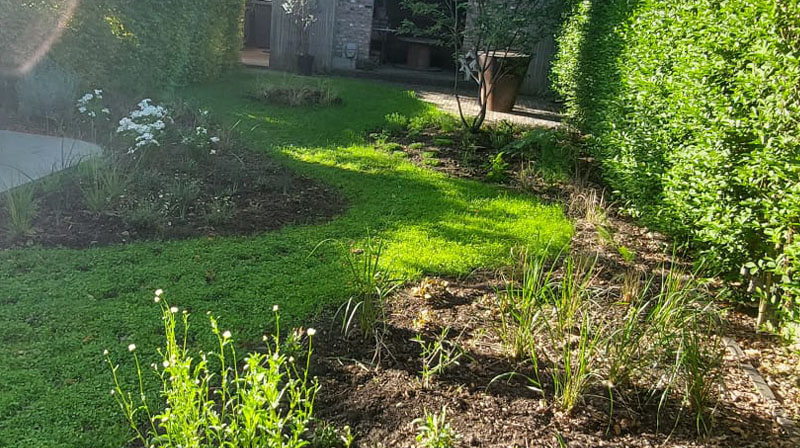 Tuin Van Heden zicht naar achter enkel breed pad in gazon Hoogstraten