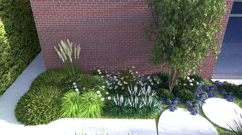 Tuin Van Heden detail van de relaxtuin met poolhouse en zwemvijver in Beerse